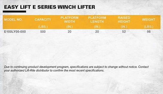 Lift-Rite Easy Lift Winch Lift Specifications