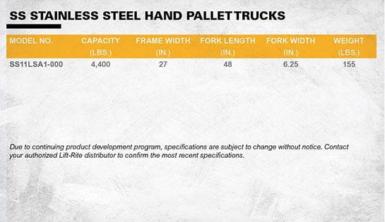 lift-rite stainless steel hand pallet truck dimensions