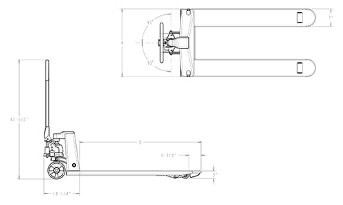 unique size pallet jack, long fork pallet jack, double jack, pallet jack dimensions